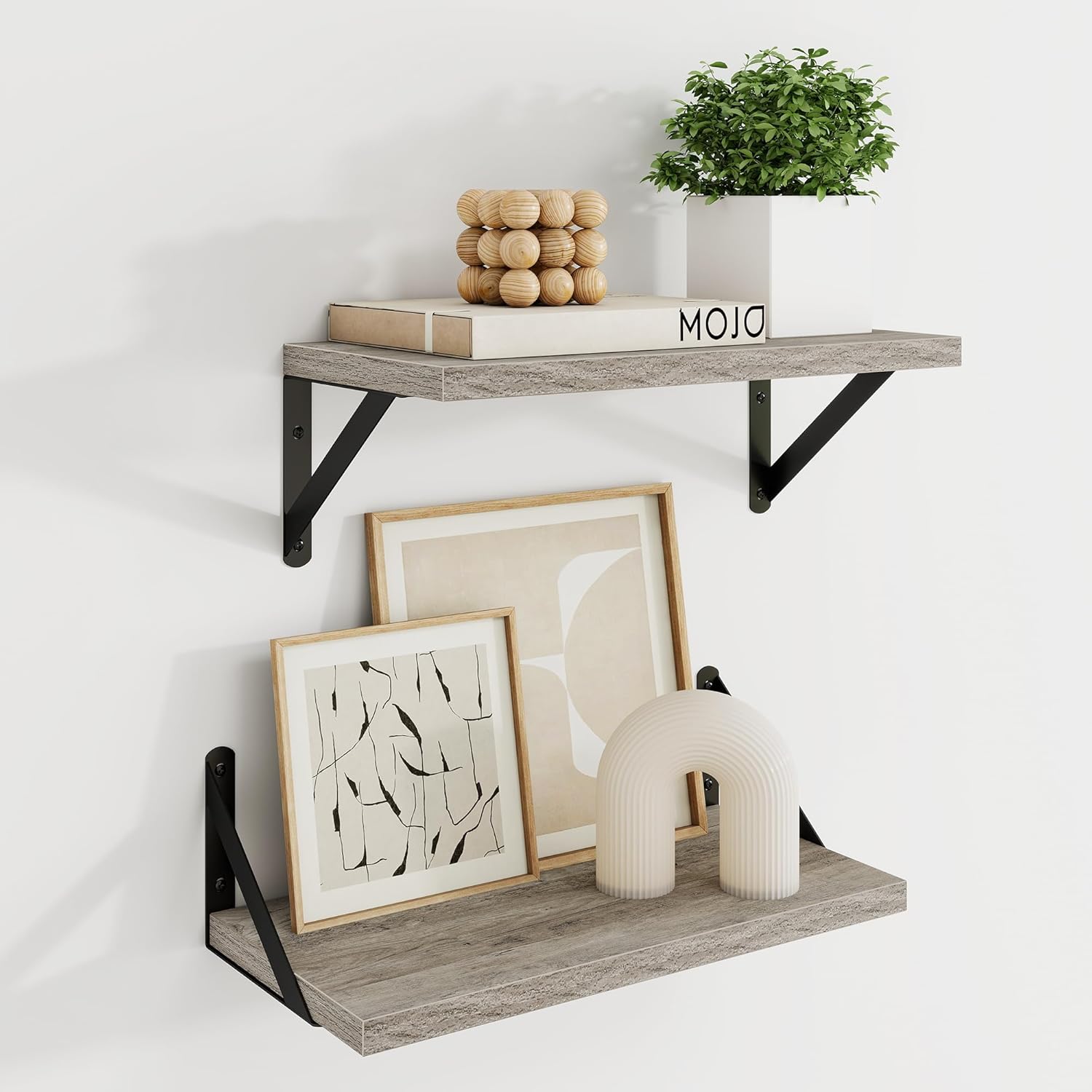 Dreamland Deep Floating Shelves for Wall, 16W x 8D Wall Mounted Wide Shelves Set of 2, Grey Floating Shelves Bedroom with Sturdy Metal Brackets for Living Room, Bathroom and Kitchen