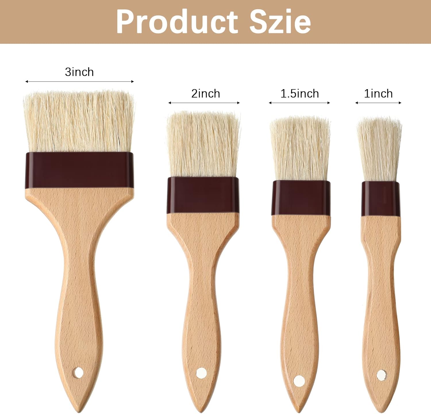 Boao 4 Pieces Natural Bristle Pastry Brush Beech Wooden Handle Basting and BBQ Brushes for Cooking, Butter, Oil, Egg, Marinade, Grilling, Baking, Kitchen Food(1 Inch, 1.5 Inch, 2 Inch, 3 Inch)