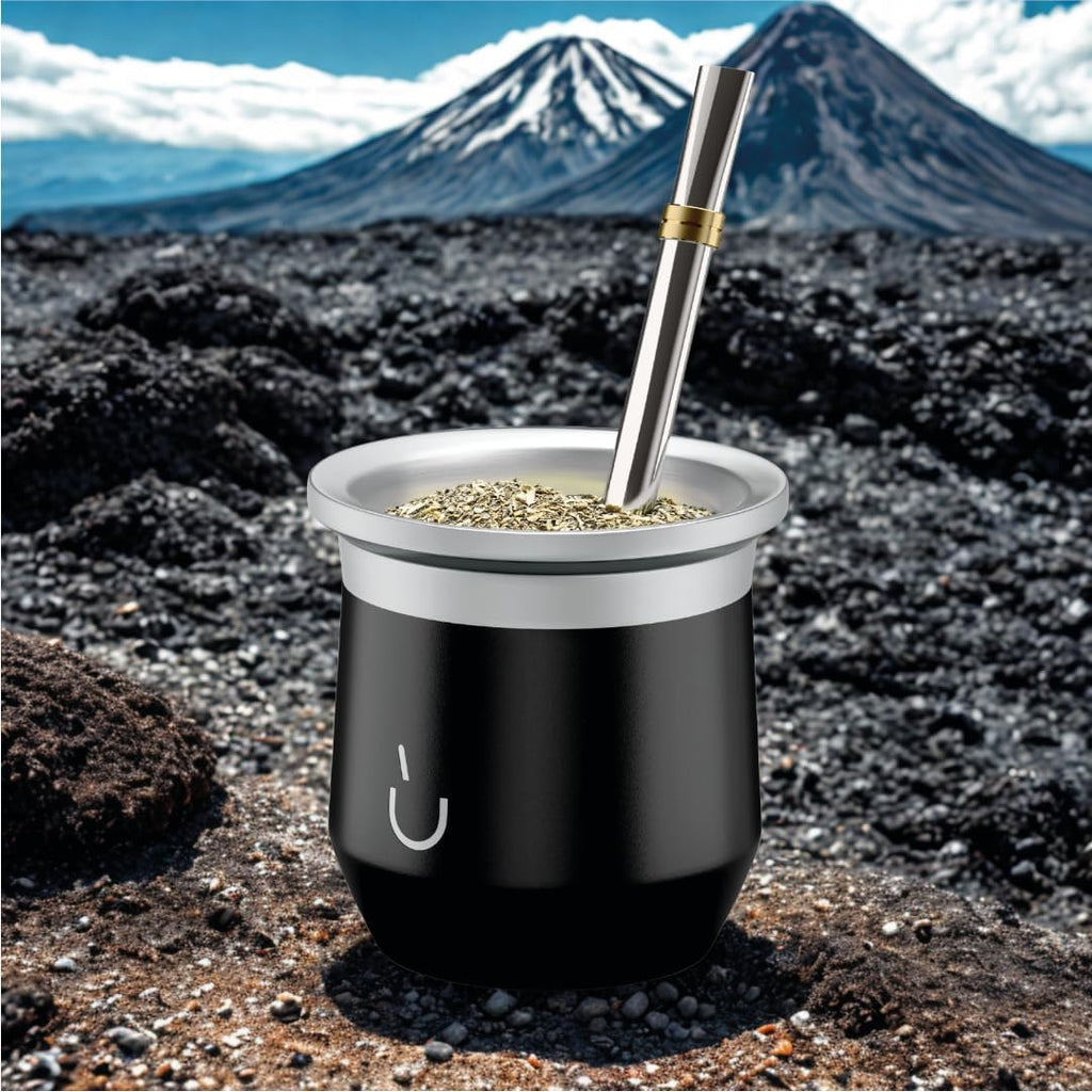 BALIBETOV Yerba Mate Cup – Vacuum Insulated Stainless Steel Gourd with Silicone Cover & Non-Slip Base – Includes 2 Bombillas & Cleaning Brush – Unique Design, Easy to Clean