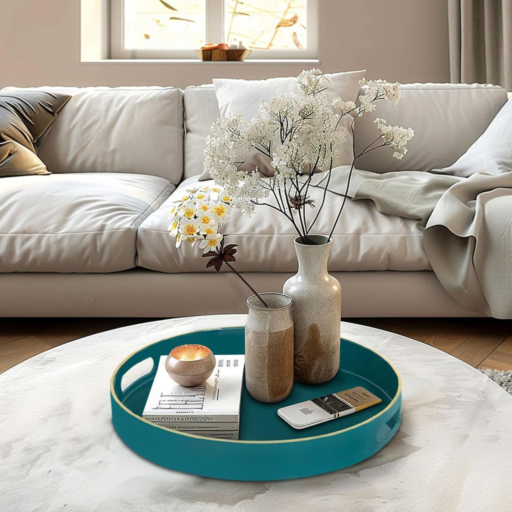 MAONAME 13" Round Tray, Teal Serving Trays with Handles, Modern Decorative Trays for Coffee Table, Plastic Ottoman Tray for Ottoman, Bathroom, Decor