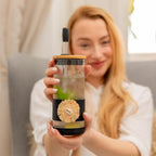 Pandaloo® Glass Cups With Lids and Straws -20 Fl Oz- Hand Made cool shell-raffia detail- Perfect Size Iced Coffee Cup - Smoothie Cup - BPA Free- (Ethnic-Chic Natural, 1 Count (Pack of 1))