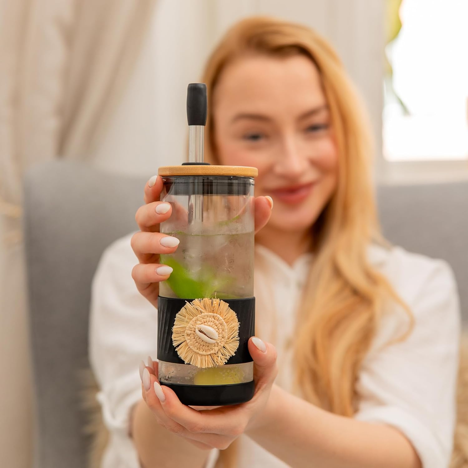 Pandaloo® Glass Cups With Lids and Straws -20 Fl Oz- Hand Made cool shell-raffia detail- Perfect Size Iced Coffee Cup - Smoothie Cup - BPA Free- (Ethnic-Chic Natural, 1 Count (Pack of 1))