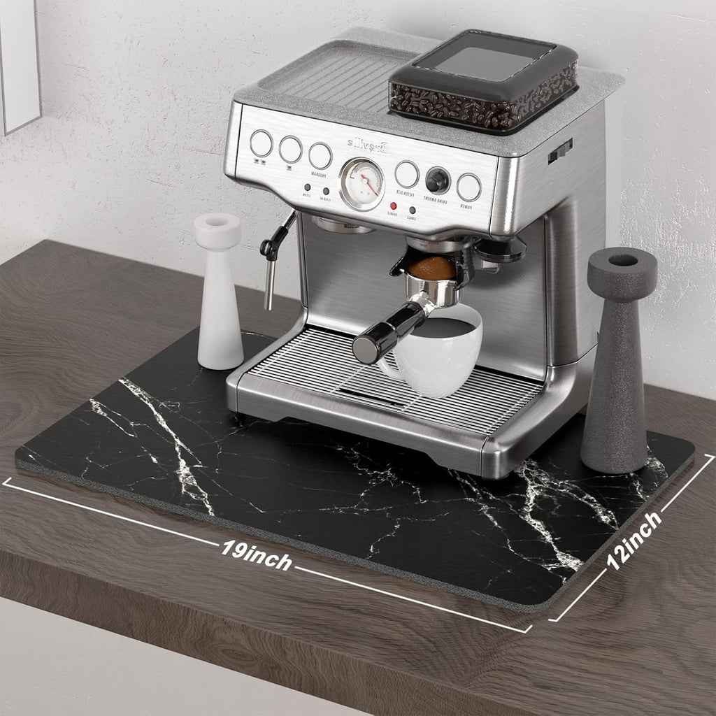 Rnivvi Coffee Mat, 12" x 19" Cute Marble Style Coffee Bar Mats for Espresso Machine Station Accessories and Organizer, Hide Stain Rubber Backed Absorbent Dish Drying Pad for Kitchen Counter, Black