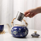 Japanese Tea Set, 25 oz Ceramic Tea Sets with Teapot and Cup Set for 4, Blue and White Tea Sets for Adults with Removable Stainless Infuser and Bamboo Tray, Tea Gifts Set for Tea Lovers