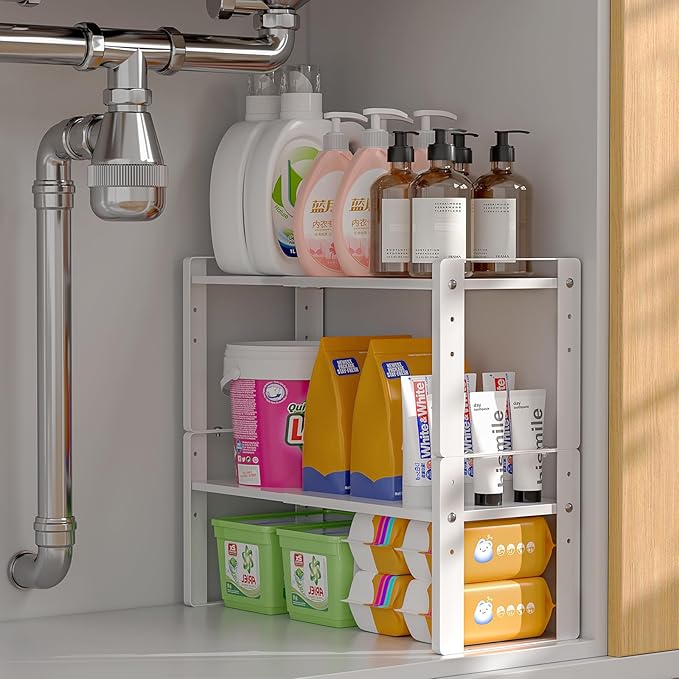 2 Pack Expandable Cabinet Organizer Shelves, 88lbs High Weight Capacity, Stackable Heavy-Duty Metal Storage Rack, Adjustable Cabinet Shelf for Kitchen, Pantry, Cupboard, Under Sink, White