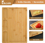 Bamboo Cutting Boards for Kitchen, (Set of 3) Kitchen Chopping Board with 3 Built-In Compartments and Juice Groove Heavy Duty Serving Tray Wood Butcher Block and Wooden Carving Board, Kikcoin