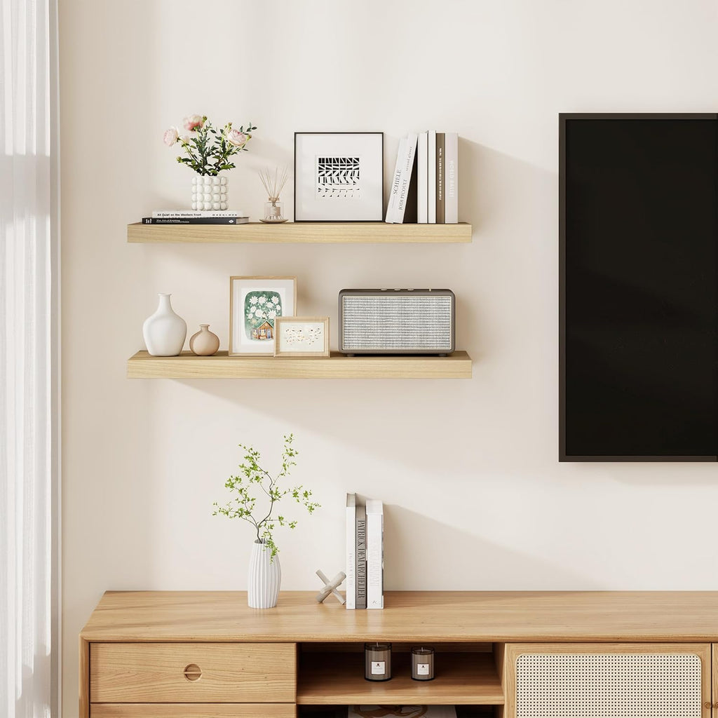 Fun Memories Rustic Floating Shelves for Home Decor, 8 Inch Deep Floating Shelf, Solid Wood Floating Wall Shelves 30 Inch Long, Deep Wall Shelves for Bathroom, Living Room, Natural Finsh, Set of 2