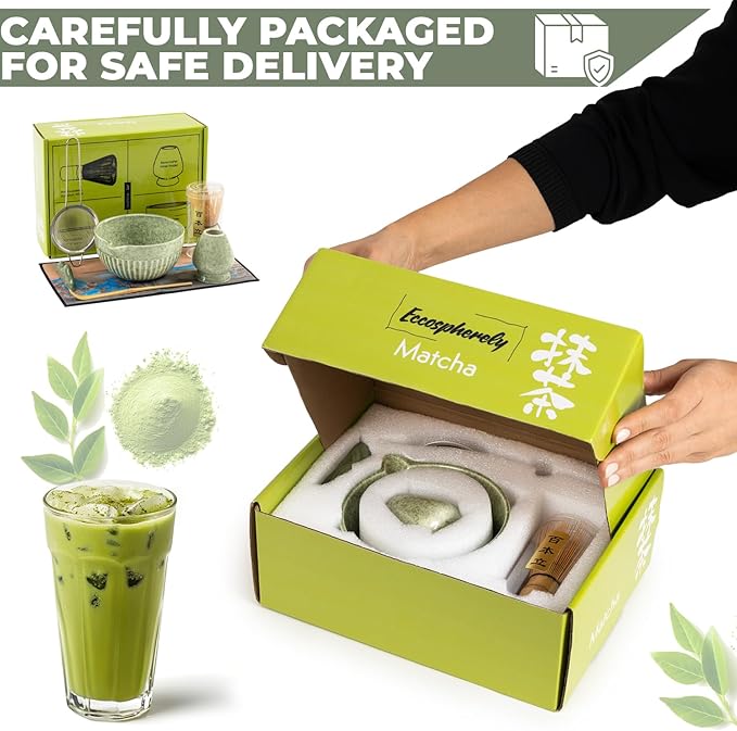 Matcha Whisk Set,7-Piece Japanese Matcha Tea Set with Ceramic Bowl, Whisk Holder, Bamboo Scoop, Sifter-Cloth Mat – Traditional Green Tea Kit for Gifts, Daily Use