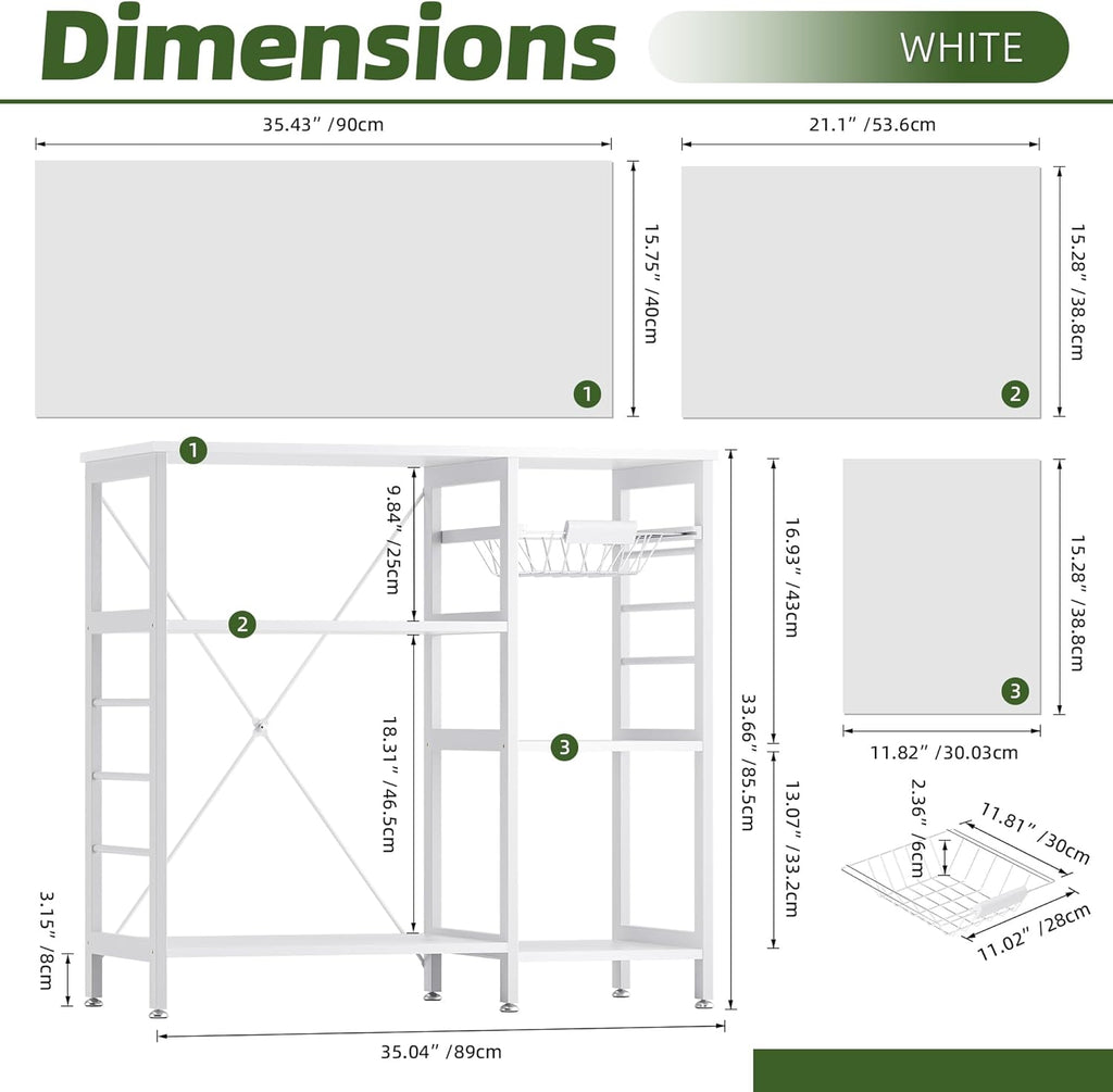 Baker’s Rack, Microwave Oven Stand with Bamboo Frame, 35.43" Coffee Bar with Wire Basket & 6 Hooks, 3-Tier Kitchen Storage Shelf Stand for Kitchen, Living Room, Office, White