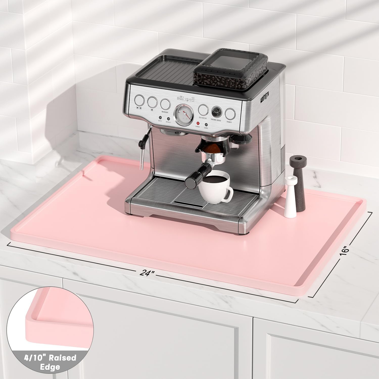 Rnivvi Silicone Coffee Mat, 16" x 24" Waterproof Raised Edge Coffee Bar Mats for Espresso Machine Station Accessories, Heat Resistant Dish Drying Pad for Kitchen Counter, Rubber Bar Decor Pad, Pink
