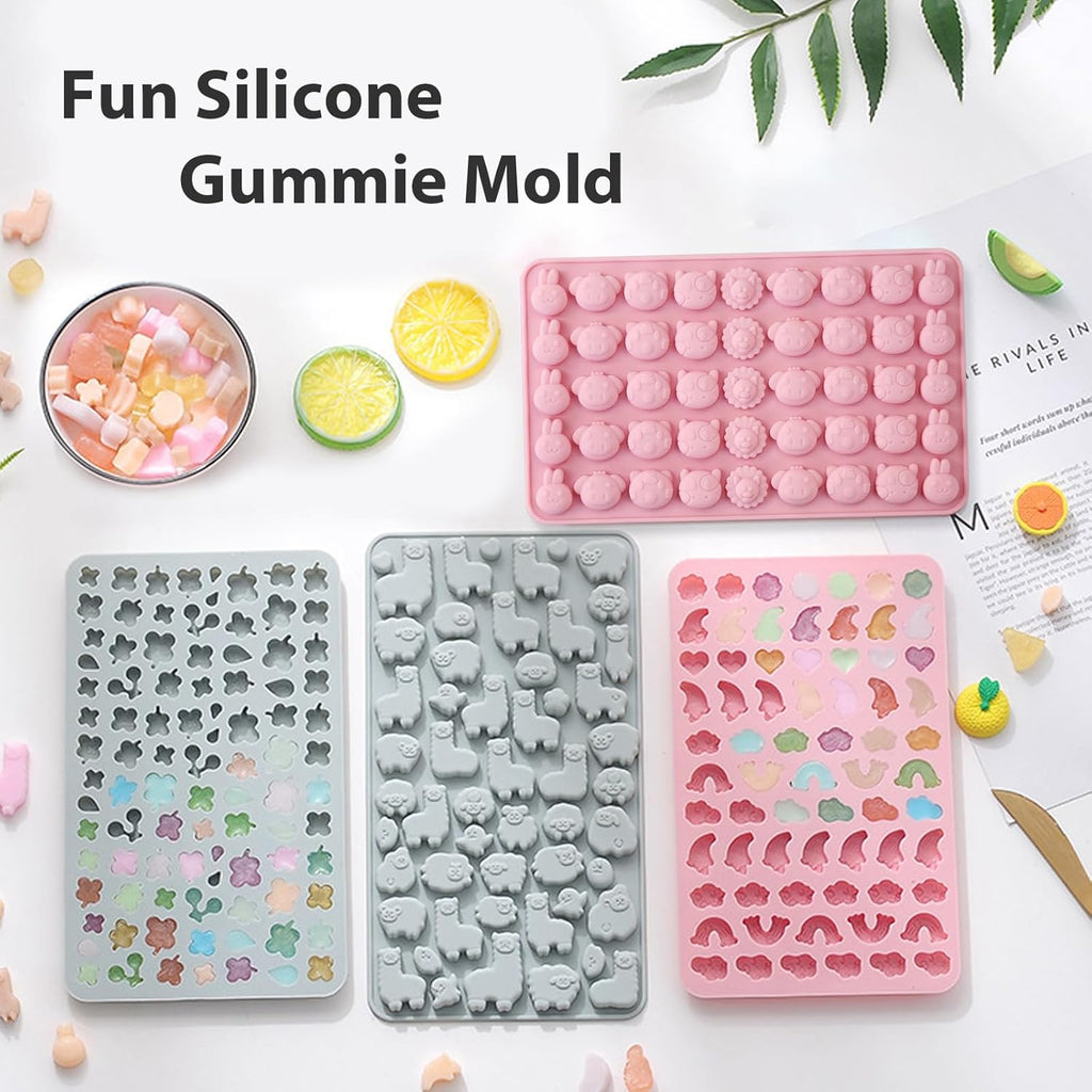 Animals & Flowers Silicone Candy molds, Non-Stick Gummy Bear Chocolate Gelatin Tray with 2 Droppers Creates 260 Alpaca, Clover, Animals, Rainbow & Cloud, Pack of 4