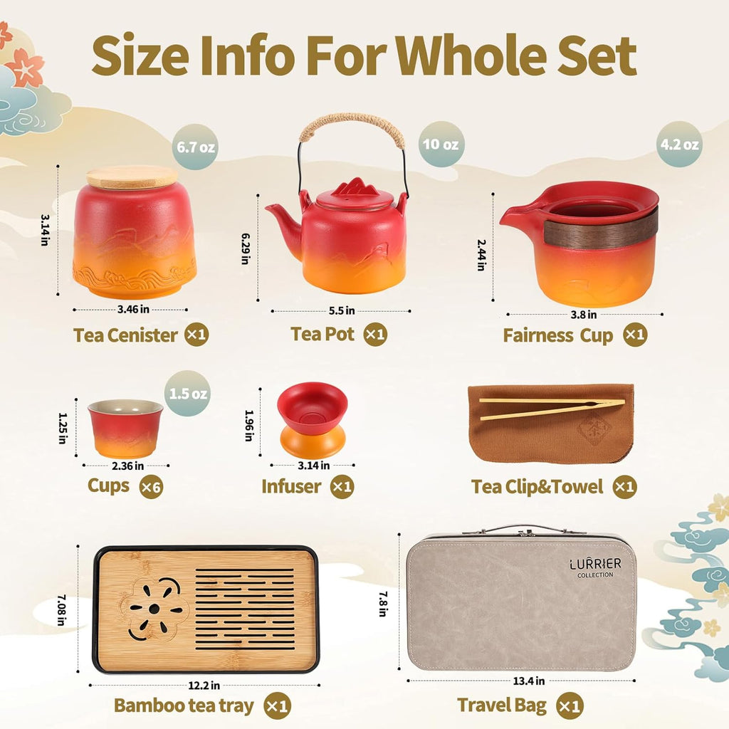 LURRIER Gongfu tea sets, Portable Ceramic TeaSet, Asian Tea sets for adult, Tea Gift sets, Grey leather case, Portable Travel Bag,Home,Gifting,Outdoor and Office(Red and Orange)