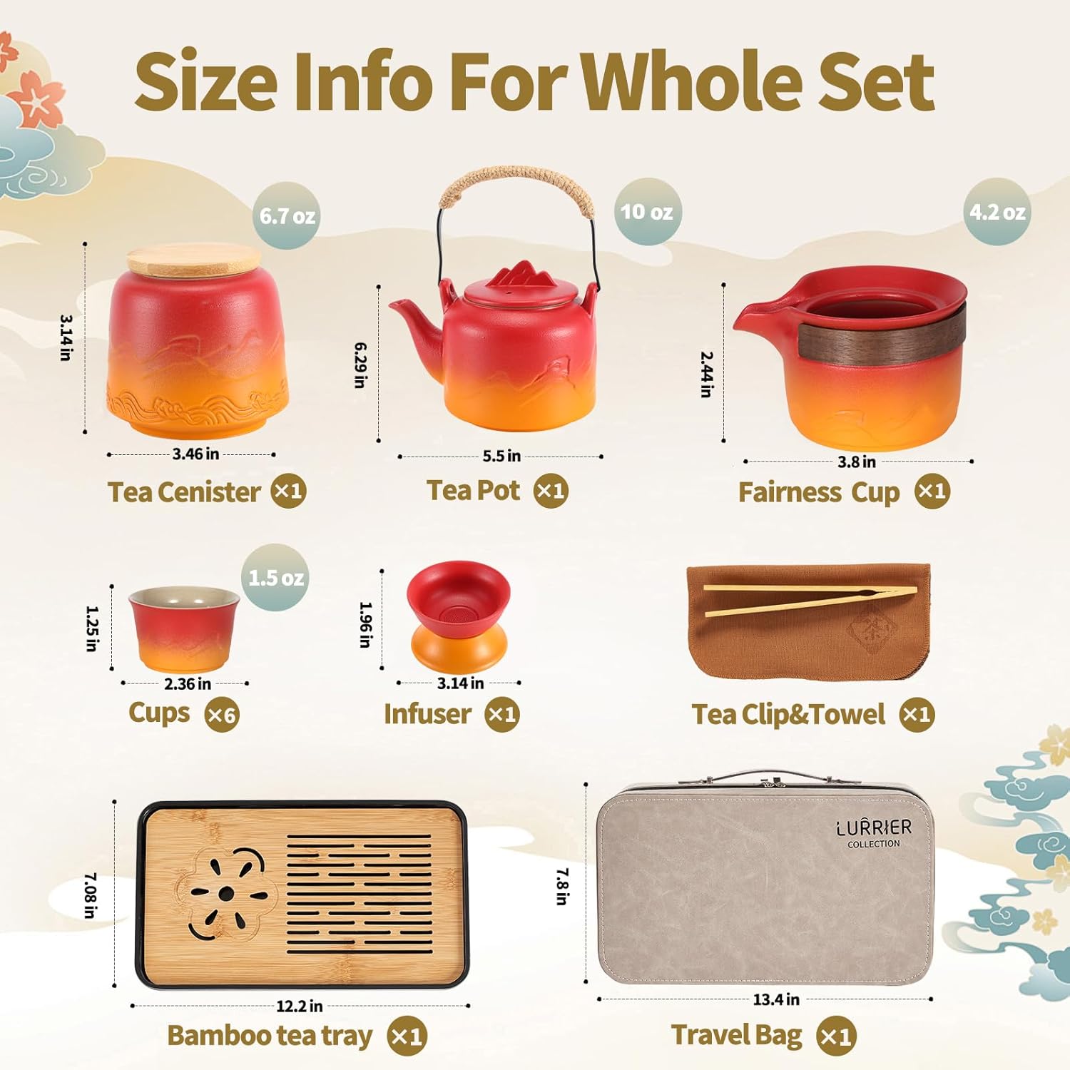 LURRIER Gongfu tea sets, Portable Ceramic TeaSet, Asian Tea sets for adult, Tea Gift sets, Grey leather case, Portable Travel Bag,Home,Gifting,Outdoor and Office(Red and Orange)