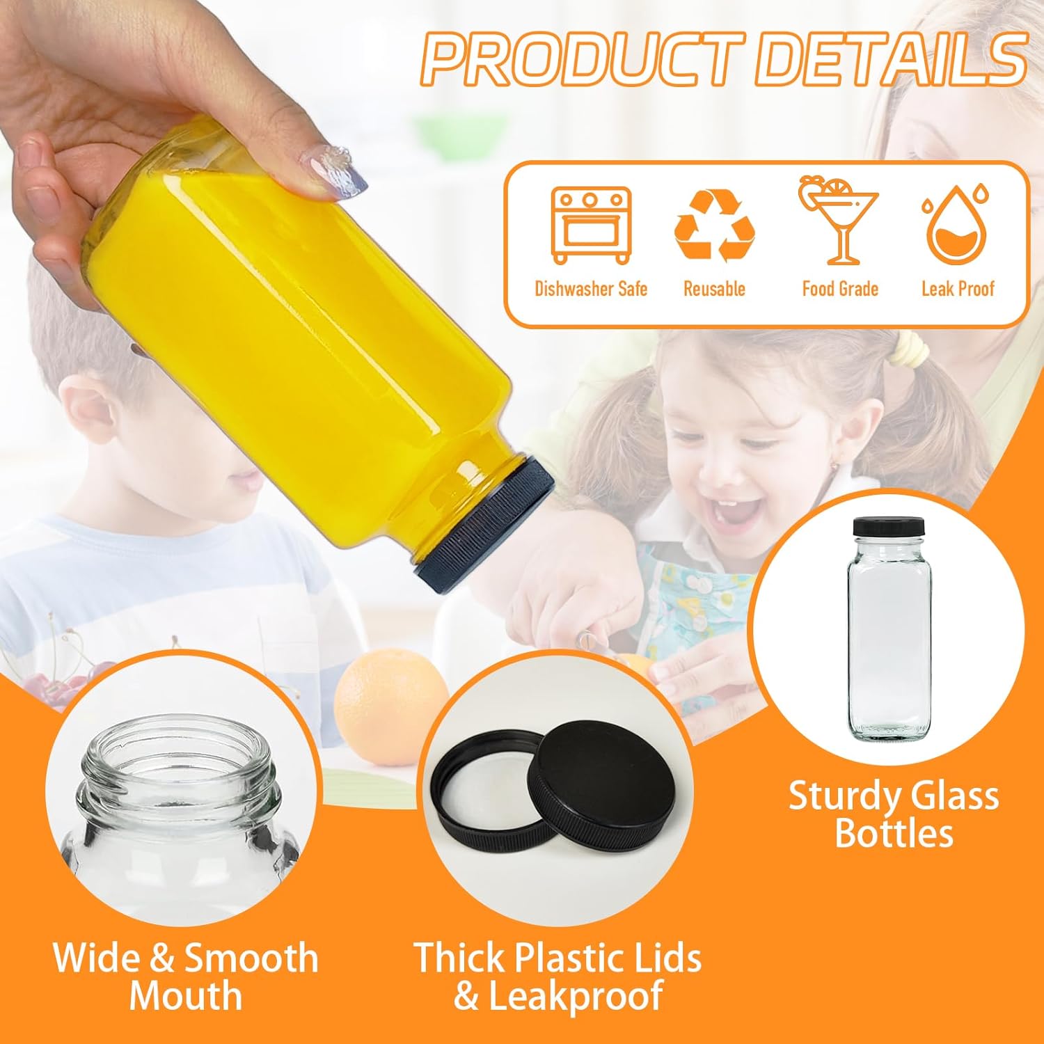 6 Pack 8oz Glass Juice Bottles with Lids, 250ml Reusable Glass Juicing Bottles, Square Drinking Jars Drink Containers with Caps for Water, Milk, Ginger, Kombucha, Beverages