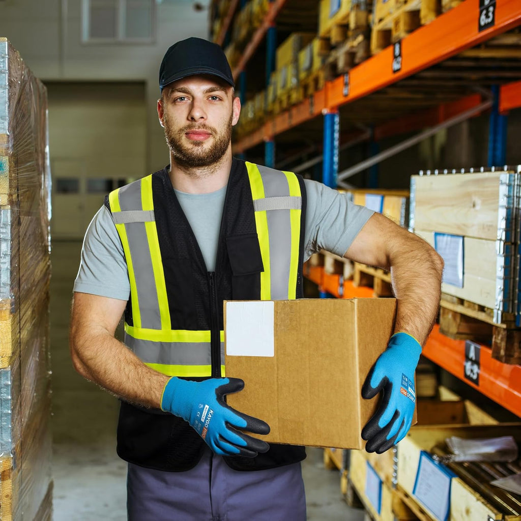 KAYGO Safety Work Gloves PU Coated for Men and Women- KG11P,12 Pairs,Seamless Knit Glove with Two Fingers Touchscreen,Ideal for General Duty Work (Blue,S)