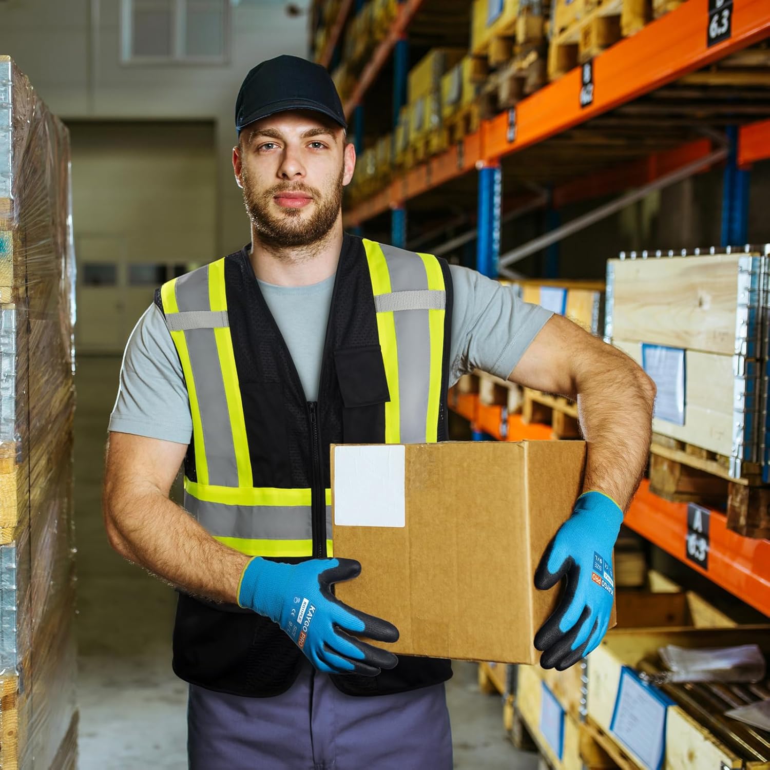 KAYGO Safety Work Gloves PU Coated for Men and Women- KG11PB,12 Pairs,Seamless Knit Glove with Two Fingers Touchscreen,Ideal for General Duty Work (Blue,XL)