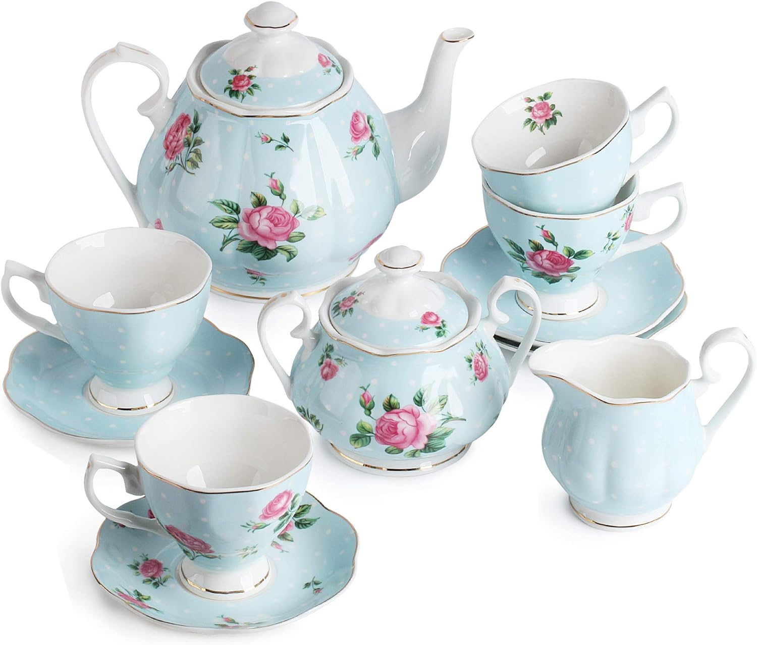 BTaT- Floral Tea Sets for Adults, 13 pcs, Service for 4, Pot (38 oz) & Cups (8 oz) with Saucers, Pastel Blue Floral Design, Porcelain Tea Set for Adult, Dishwasher Safe