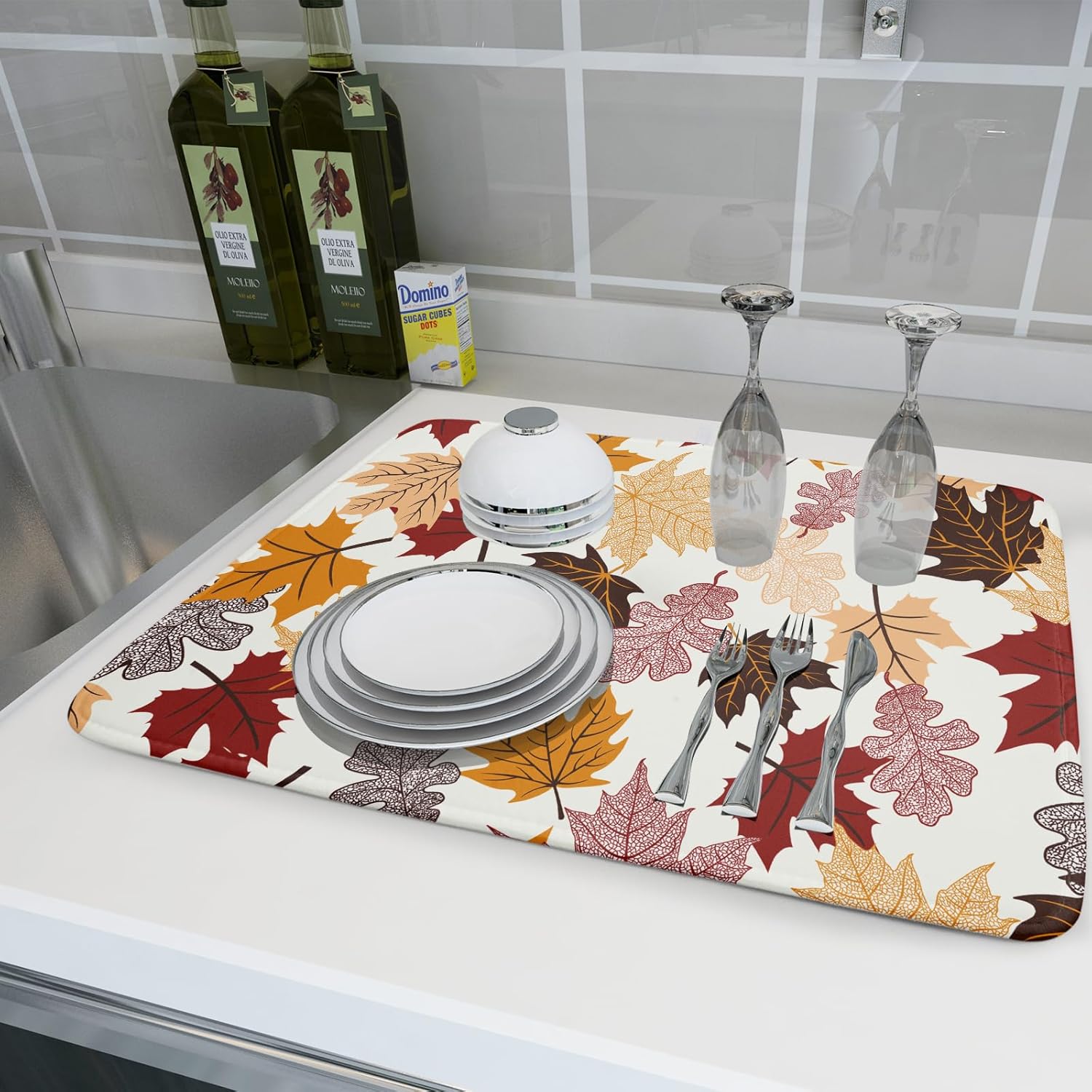 Giwawa Maple Leaf Dish Drying Mat Large 18x24 inches Fall Autumn Colorful Leaves Dish Drainer Mats Thanksgiving Decorative Fast Drying Reversible Absorbent Dish Drying Pad for Kitchen Countertop