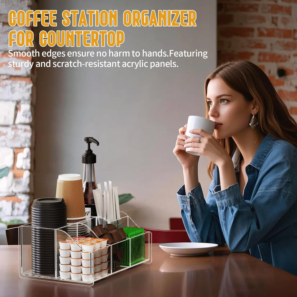 Acrylic Coffee Bar Organizer Station - Multiple Compartments - Kitchen Bar Tools Storage Rack - Beverage Station Organizer for Coffee Creamer Syrup