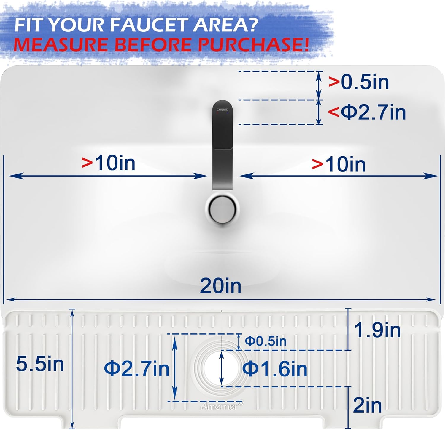 Kitchen Sink Splash Guard, 20IN Longer Silicone Faucet Guard & Draining Mat, Bathroom and Kitchen Sink Organizer, Sink Faucet Mat Water Splash Guard Behind Faucet Accessories Gadget, 20” x 5.5”, White