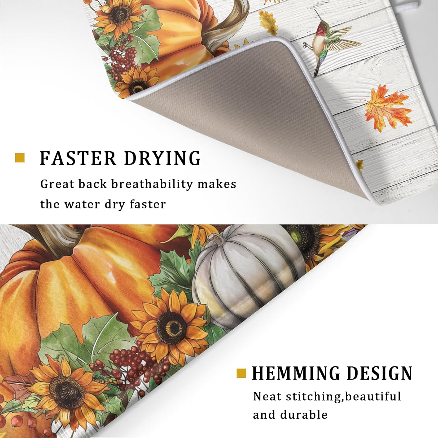 Fall Sunflower Maple Leaves Dish Drying Mat for Kitchen Counter Autumn Harvest Pumpkin Dish Drying Mat 16”x18” Thanksgiving Dishes Pad Dish Drainer Rack Mats Absorbent Fast Dry Kitchen Accessories