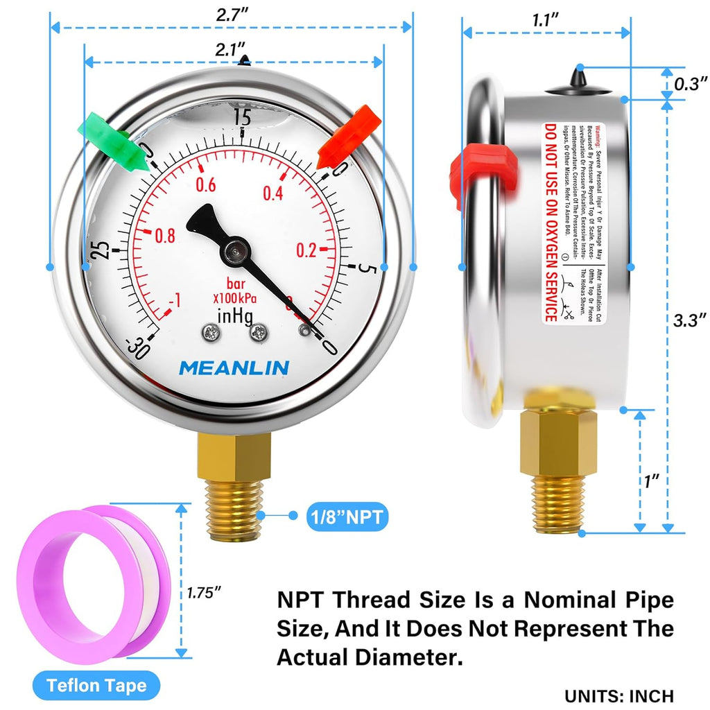 MEANLIN MEASURE -30inHG~0Psi Vacuum Pressure Gauge 1/8" NPT 2.5" FACE DIAL, Stainless Steel Liquid Filled Pressure Gauge WOG Water Oil Air Lower Mount (with 2PCS Snaps)