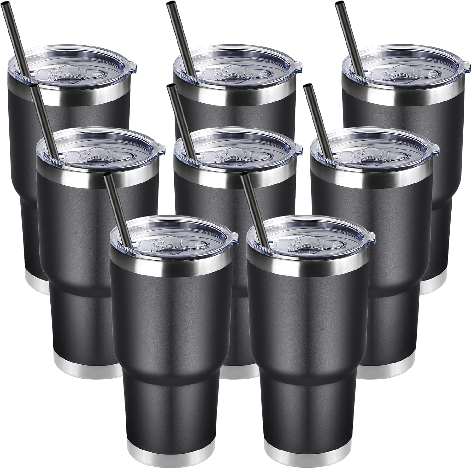 DOMICARE 30 oz Tumbler with Lid and Straw, Stainless Steel Tumblers Bulk, Insulated Vacuum Double Wall Travel Coffee Mug, Durable Powder Coated Tumbler Cups (Black, 8)