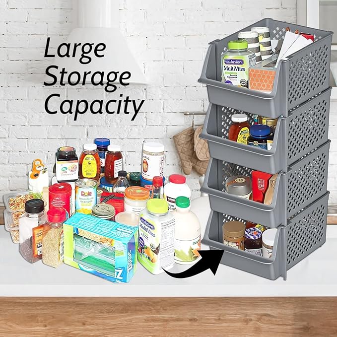 Skywin TidyFriend Stackable Storage Bins for Pantry, 4 Pack Stackable Bins For Organizing Food, Kitchen, and Bathroom Essentials (Grey)