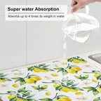 Tropical Lemon Leaves Dish Drying Mat, Highly Absorbent Microfiber Kitchen Counter Pad Reusable Washable, 18*24"
