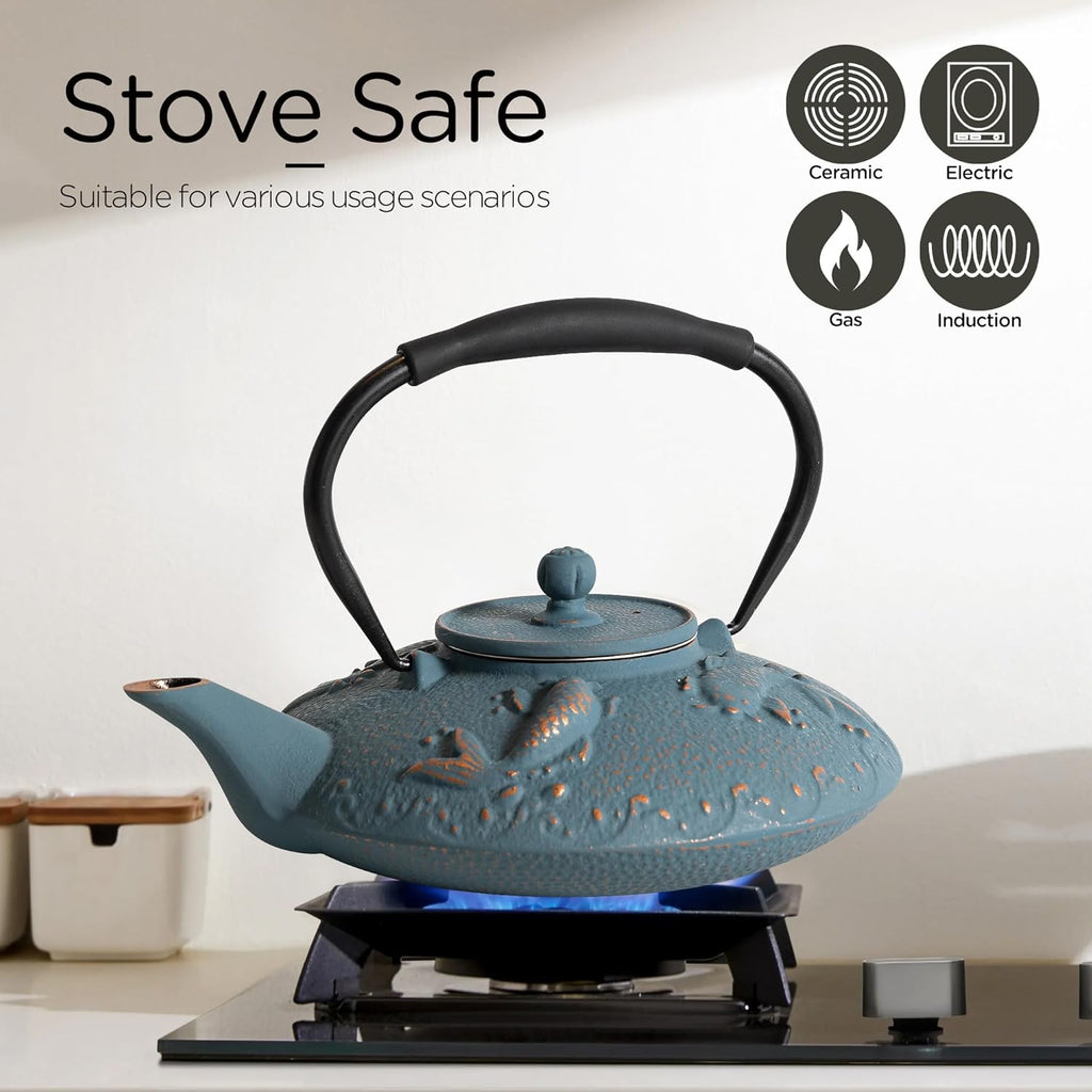 Cast Iron Teapot Set with 2 Tea Cups, 7Pcs Japanese Tea Kettle with Stainless Steel Infuser, Tea Pot Coated with Enameled Interior, Fish Pattern, 27oz 780ml Navy Blue