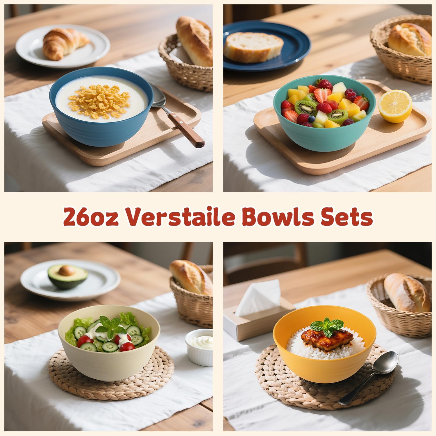 Wheat Straw Camping Bowls Sets of 6,Unbreakable 26oz Lightweight Bowls Sets for Outdoors Activity,Breakfast Bowls for Cereal and Salad.Vibrant Series