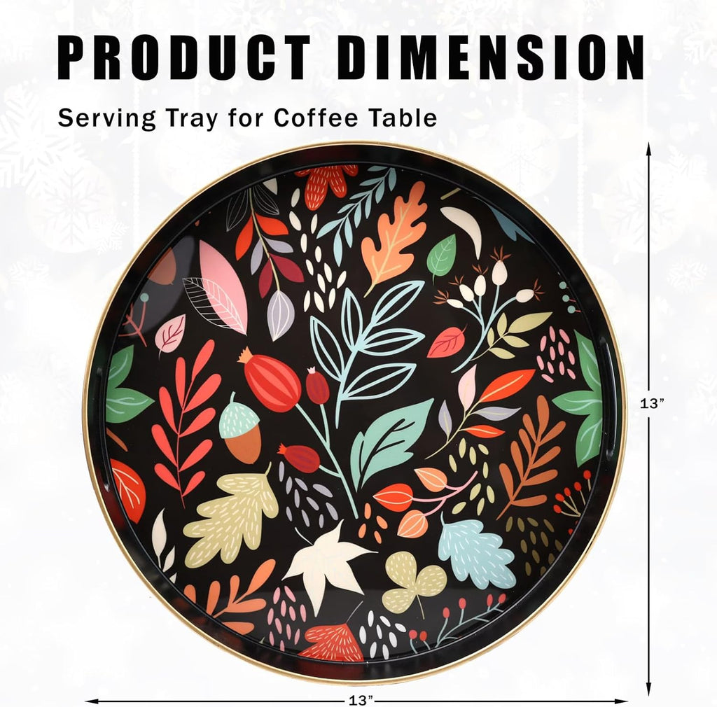 Round Serving Tray with Handles, Coffee Table Tray for Ottoman, Organizer Vanity Tray for Living Room, Outdoor Tray for Patio Entertaining, Serving Breakfast Kitchen Platter LEE33BH