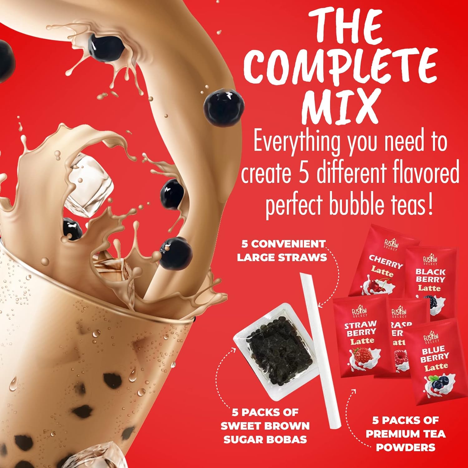 Fusion Select 5 Packs Bubble Tea Kit Extra Rich Blueberry, Raspberry Strawberry Blackberry Cherry Boba Tea Kit Drinks, Boba Tapioca Pearl, Straws, Various Tea Set Flavors