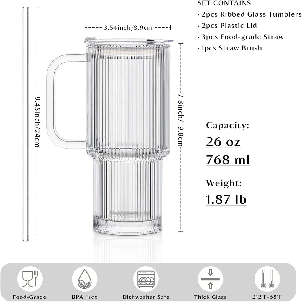 INSETLAN 26oz Ribbed Glass Tumbler with Handle & Lid – 2-Pack Large Iced Coffee Cups with Straws, Modern Glass Mug for Cold & Hot Beverages, Aesthetic Travel Cup for Smoothies, Tea, and Juice