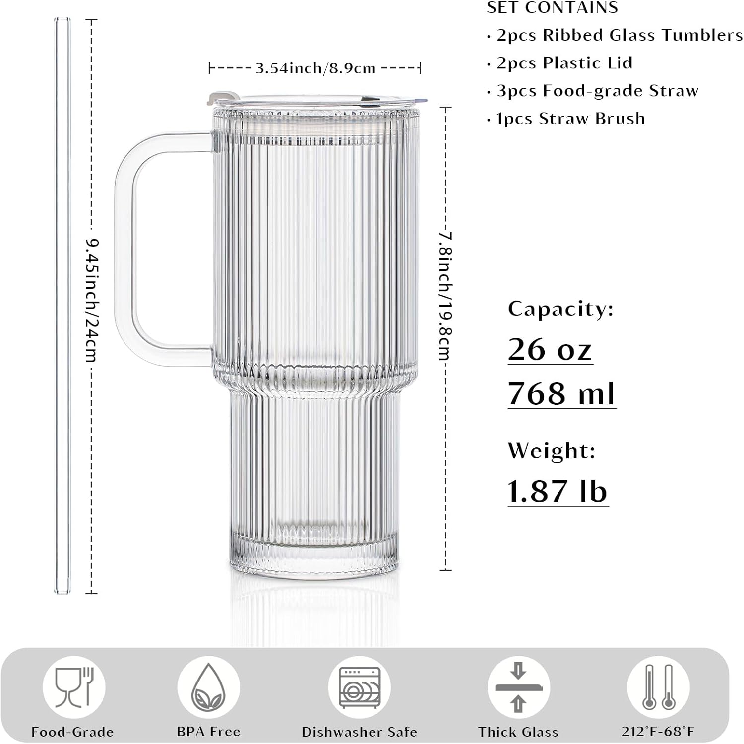 INSETLAN 26oz Ribbed Glass Tumbler with Handle & Lid – 2-Pack Large Iced Coffee Cups with Straws, Modern Glass Mug for Cold & Hot Beverages, Aesthetic Travel Cup for Smoothies, Tea, and Juice