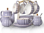 Porcelain Tea Sets British Royal Series, 8 OZ Cups& Saucer Service for 6, with Teapot Sugar Bowl Cream Pitcher Teaspoons and tea strainer for Tea/Coffee, Pukka Home(purple)