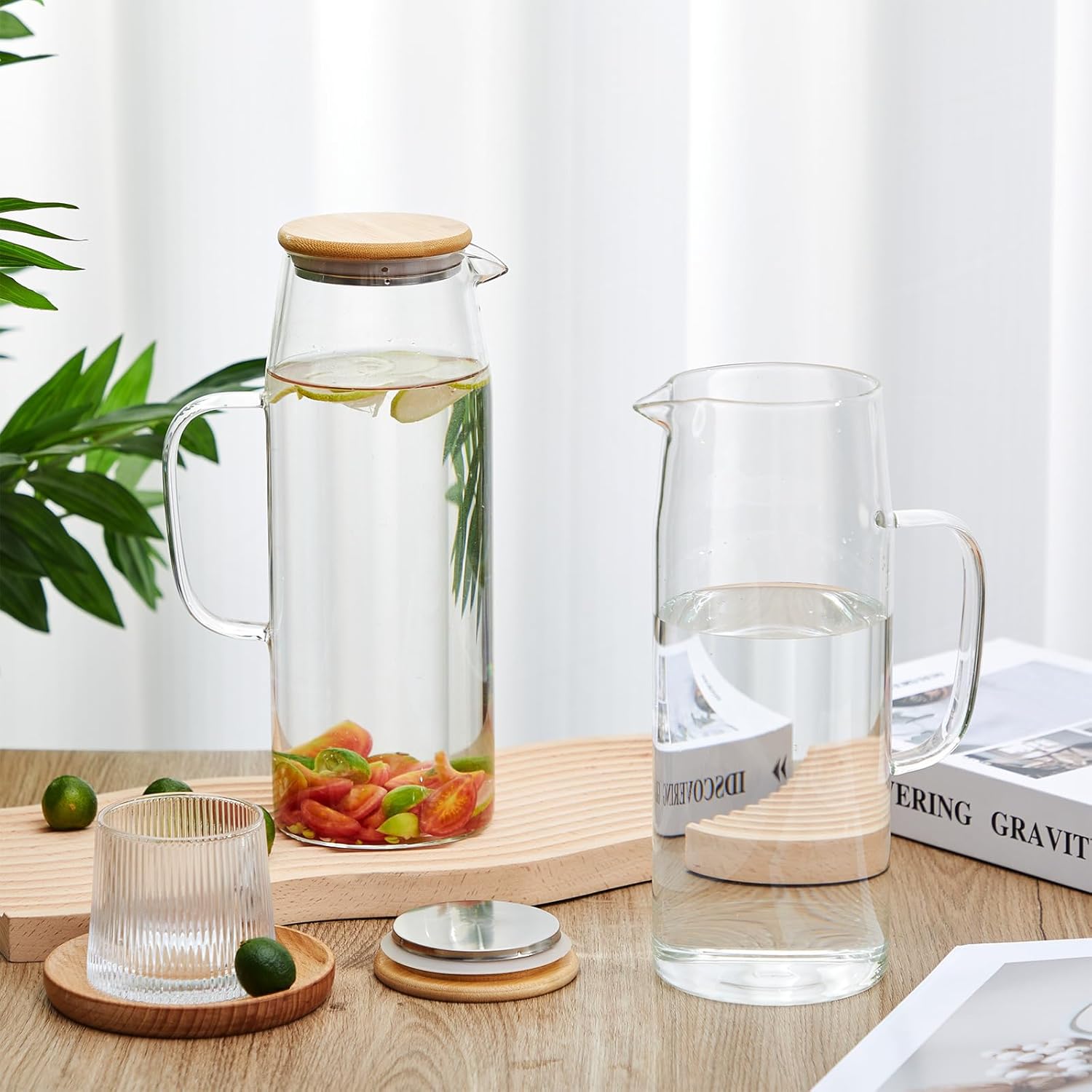 Hsei 2 Sets Glass Pitcher with Lid, 67.6 oz / 2000 ml Water Carafe with Handles Hot Cold Beverage Water Jar Glass Jug for Tea Juice Milk Coffee Iced Beverage(2l)