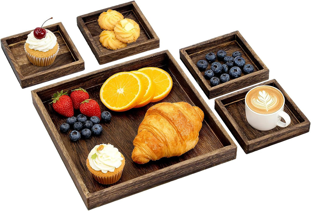 Rustic Wooden Serving Trays with Handle, Serving Platters, Charcuterie Board Set of 5 Nesting Food Trays for Serving Food, Home Decor/Breakfast/Coffee Table/Butler/Ottoman/Bed Tray