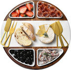 Shanik Upgraded Lazy Susan Cheese Cutting Board Set - Round Acacia Charcuterie Board With 4 Ceramic Bowls - Wedding Gifts - Cheese Serving Platter - Bridal Shower