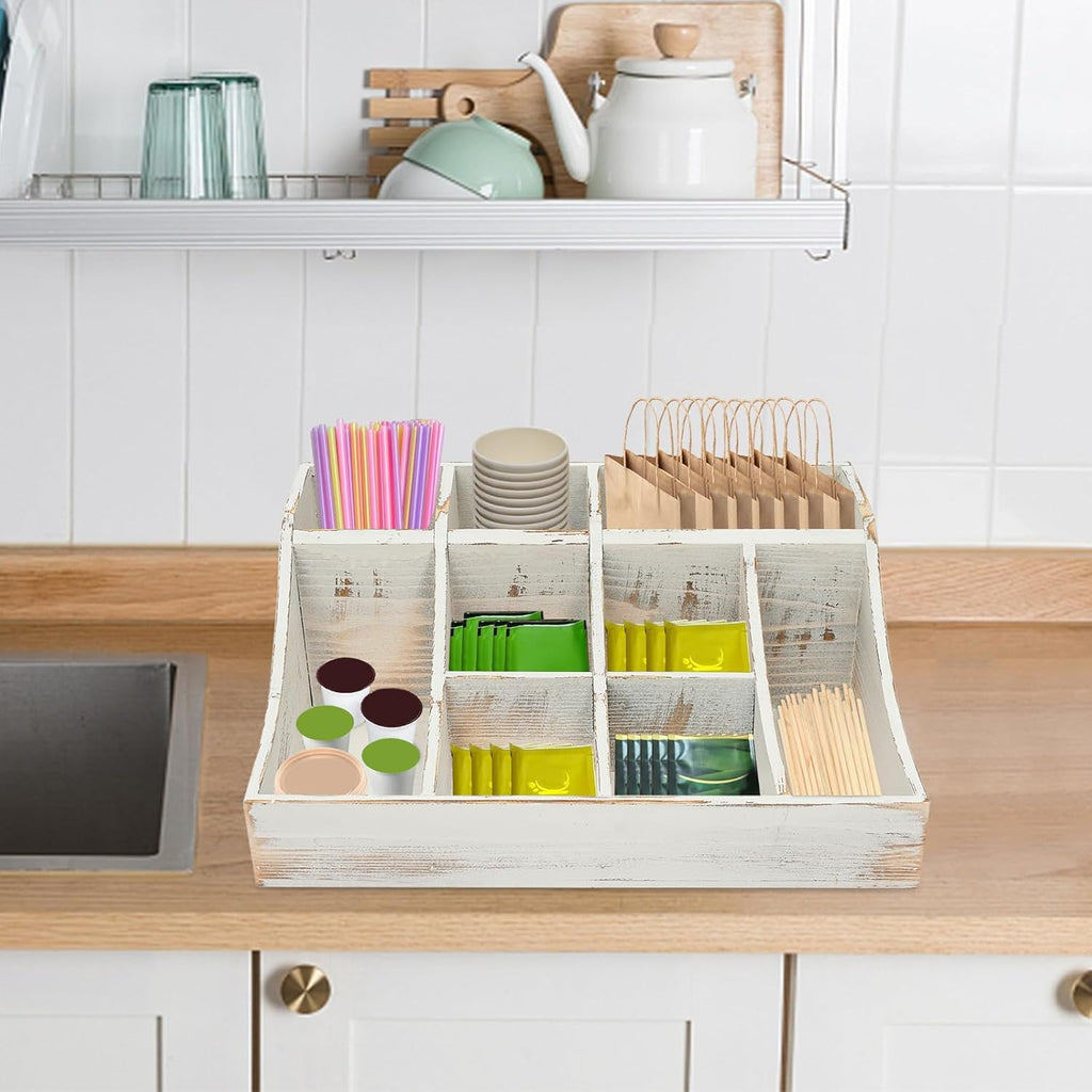 Coffee Bar Organizer for Countertop, Wooden Condiment Organizer Coffee Station Organizer Coffee Cup Syrup Pod Holder, Coffee Bar Organizer for Home Office Cafe, 9 Compartment, White