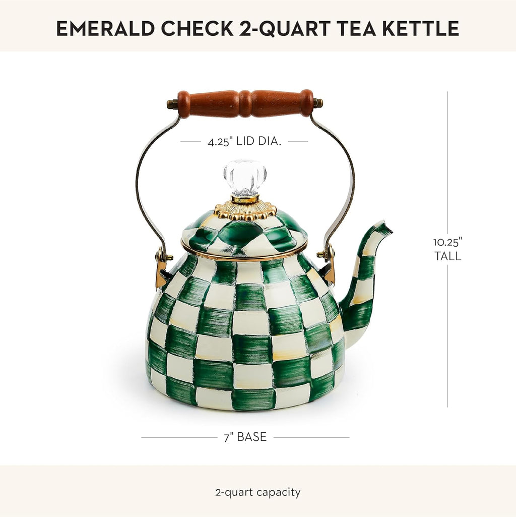 MACKENZIE-CHILDS Enamel Tea Kettle, Stylish Tea Kettle for Stovetop, Green-and-White Emerald Check, 2 Quarts