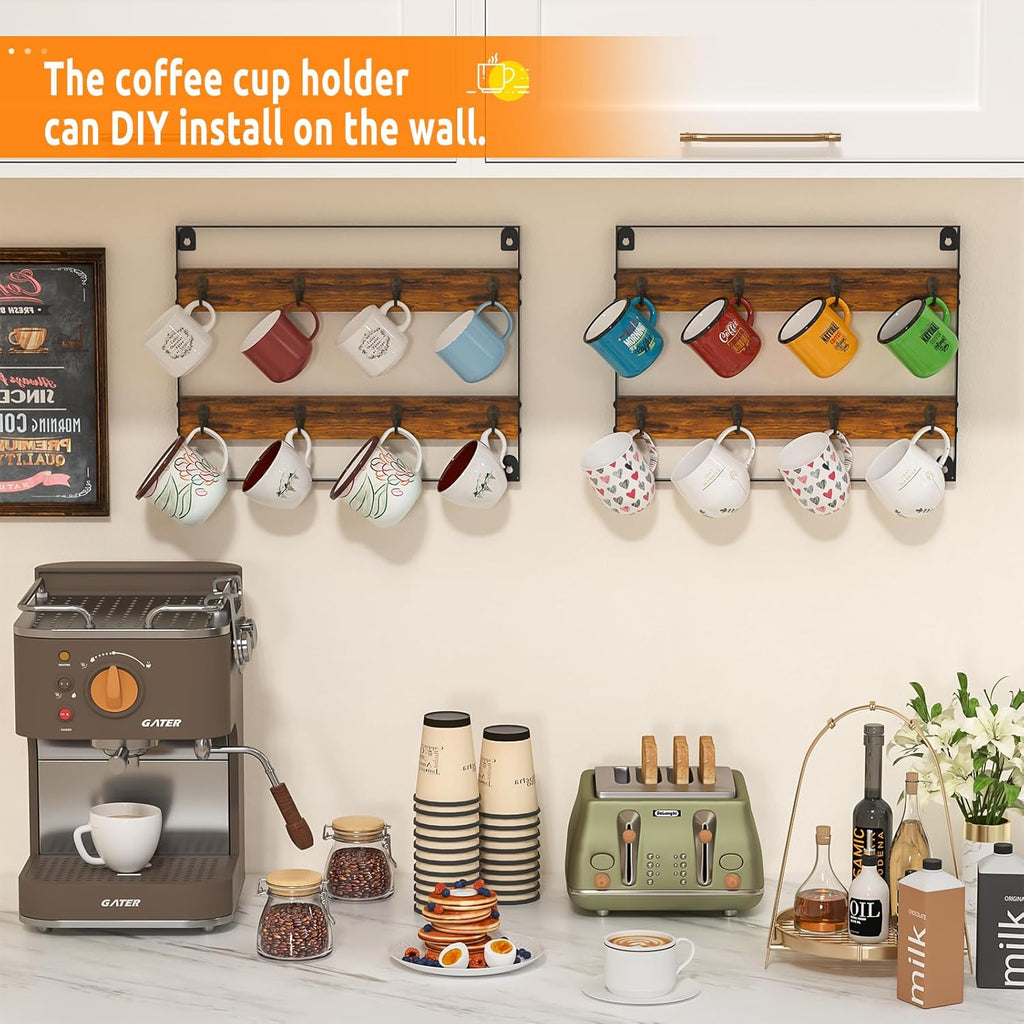 Rustic Wood Coffee Mug Rack - Wall Mount Cup Holder Shelf Storage for Kitchen, Home, Bar, Office (4 Pack, Holds 32 Mugs)