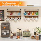 Rustic Wood Coffee Mug Rack - Wall Mount Cup Holder Shelf Storage for Kitchen, Home, Bar, Office (4 Pack, Holds 32 Mugs)