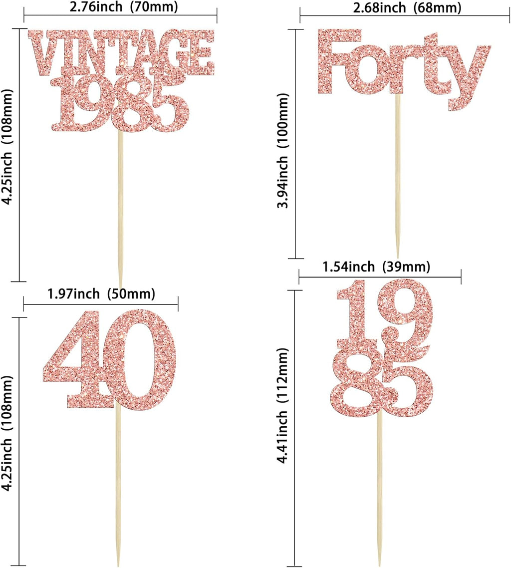 Gyufise 24Pcs Happy 40th Birthday Cupcake Toppers Glitter Forty 40 Fabulous Vintage 1985 Cake Toppers for 40th Birthday Wedding Anniversary Party Cake Decorations Supplies Rose Gold