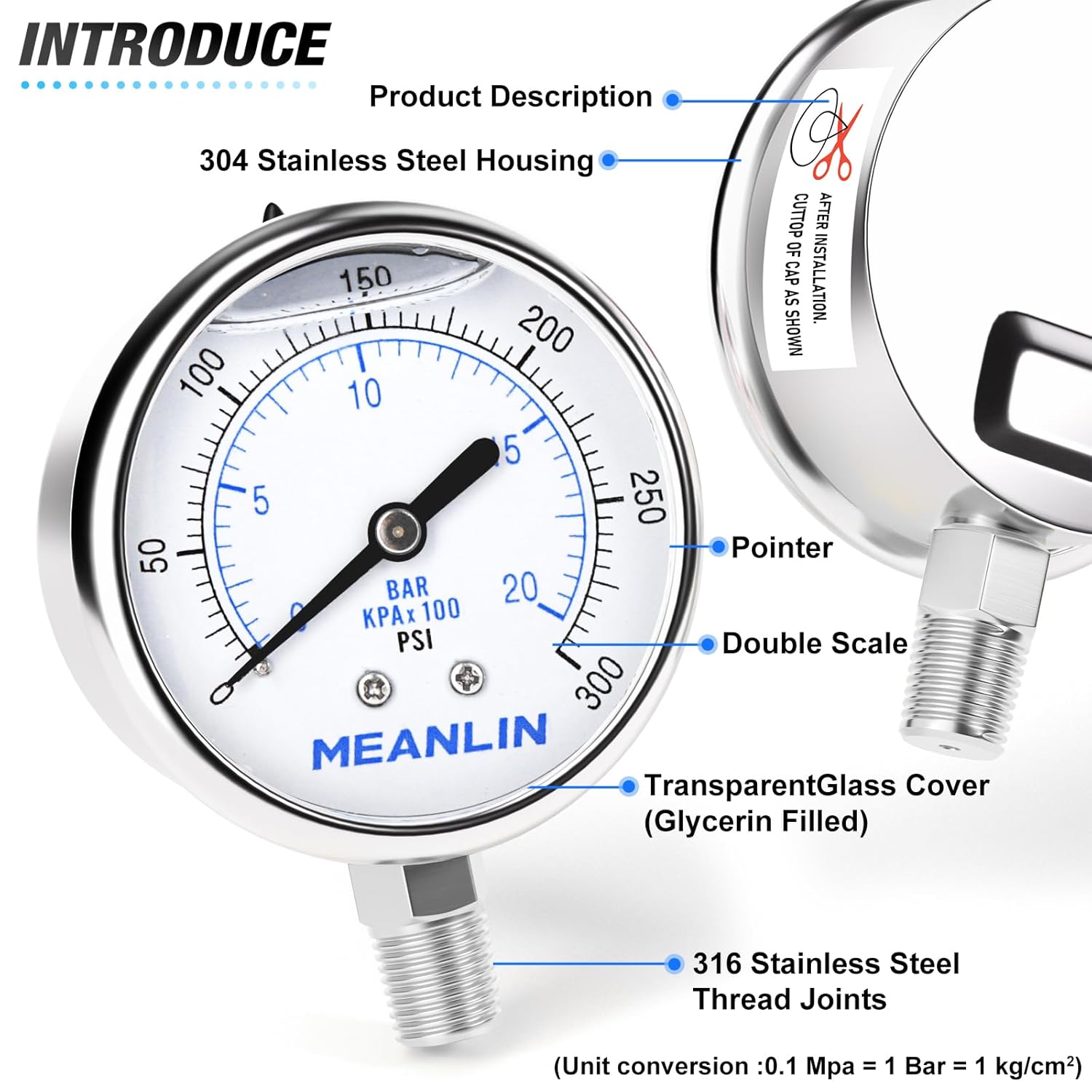 MEANLIN MEASURE 0~300Psi Liquid Filled Pressure Gauge Stainless Steel with 316 Stainless Steel Joint 1/4" NPT 2.5" FACE DIAL for Air Compressor Air Regulator Water Filter Center Lower Mount