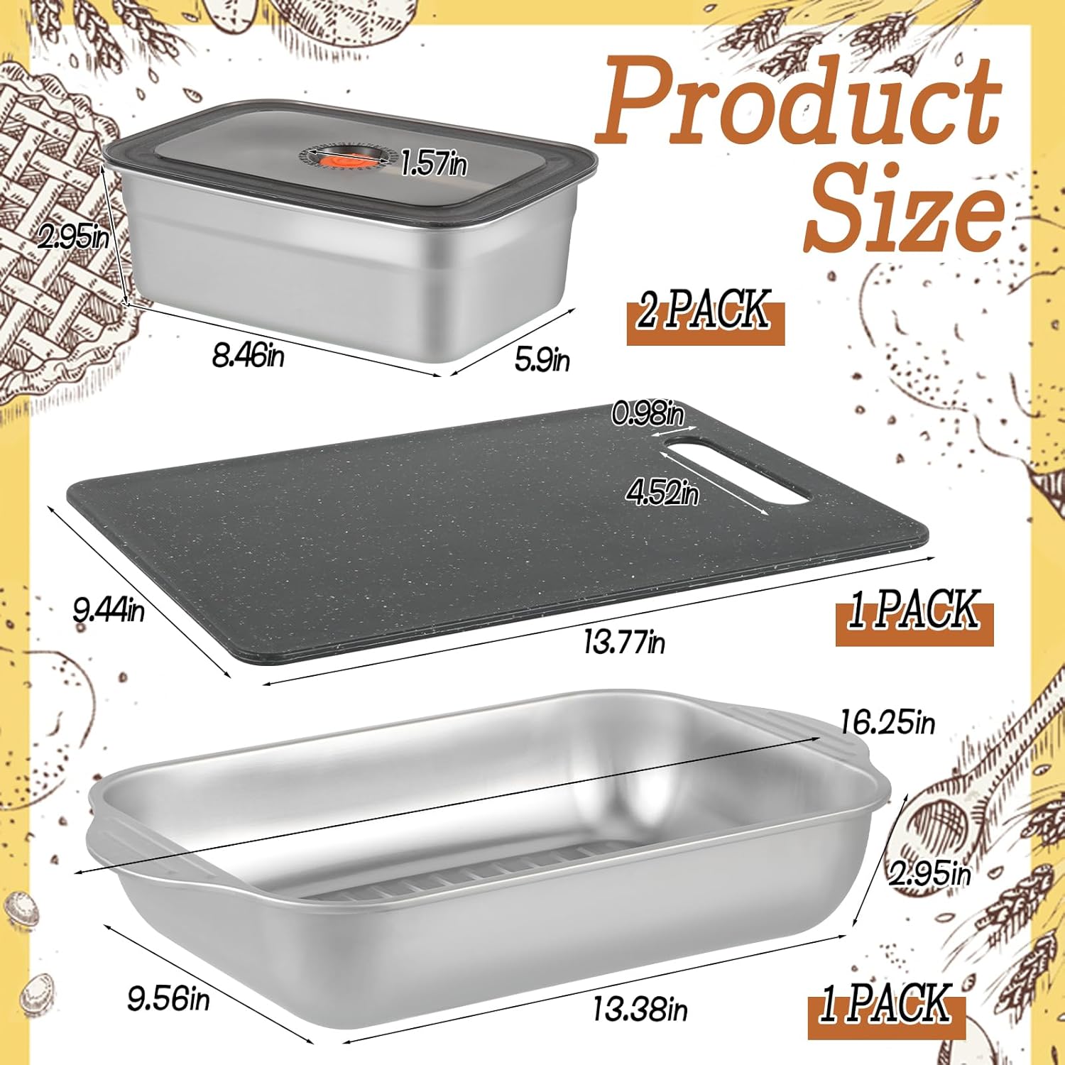 4 Pcs Grill Prep Trays Set Stainless Steel Grilling Prep And Serve Trays 2 Marinade Container with Lids and Cutting Board for Vegetables, Fish, Plating Food & BBQ Prep Tub