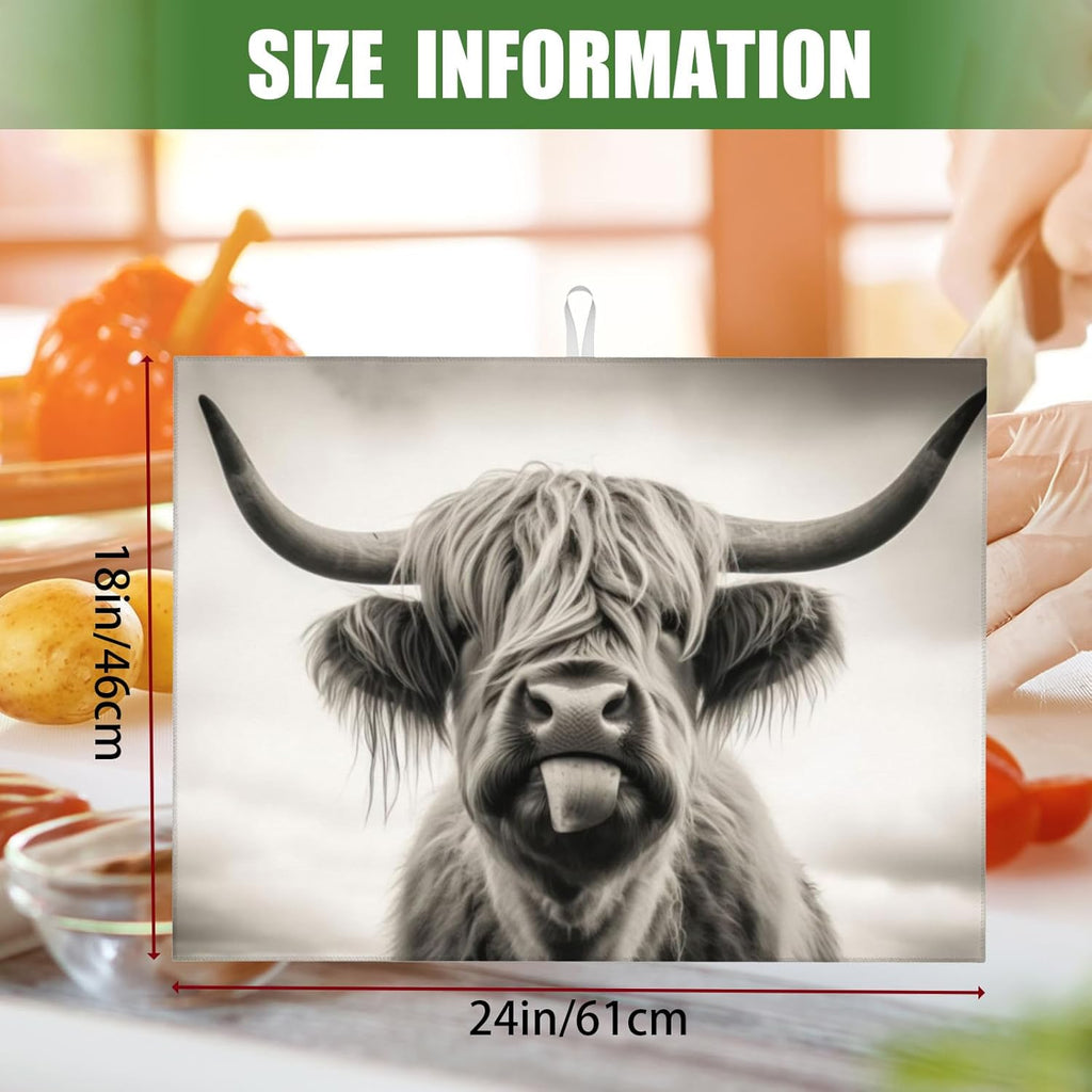 Large Dish Drying Mats For Kitchen Counter Microfiber Kitchen Drying Mat XL Draining Pad Absorbent Quick Drying Dish Mat 18x24 Inch - Cow Face