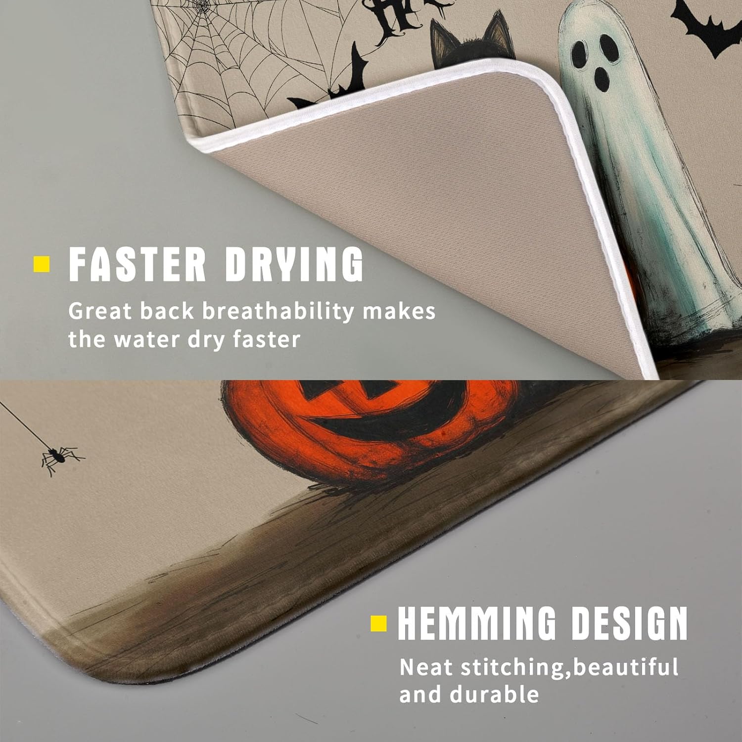 Happy Halloween Black Cat Ghost Dish Drying Mat for Kitchen Counter,Halloween Pumpkin Spiderweb Bat Drying Mat 16 x 18 Inch with High Absorbent Microfiber Drainer Mat for Coffee Bar