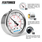 MEANLIN MEASURE -30inHG~30Psi Stainless Steel 1/8" NPT 2.5" FACE DIAL Vacuum Pressure Gauge, Center Back Mount, with 1/4" NPT and 3/8" NPT Hex Bushing