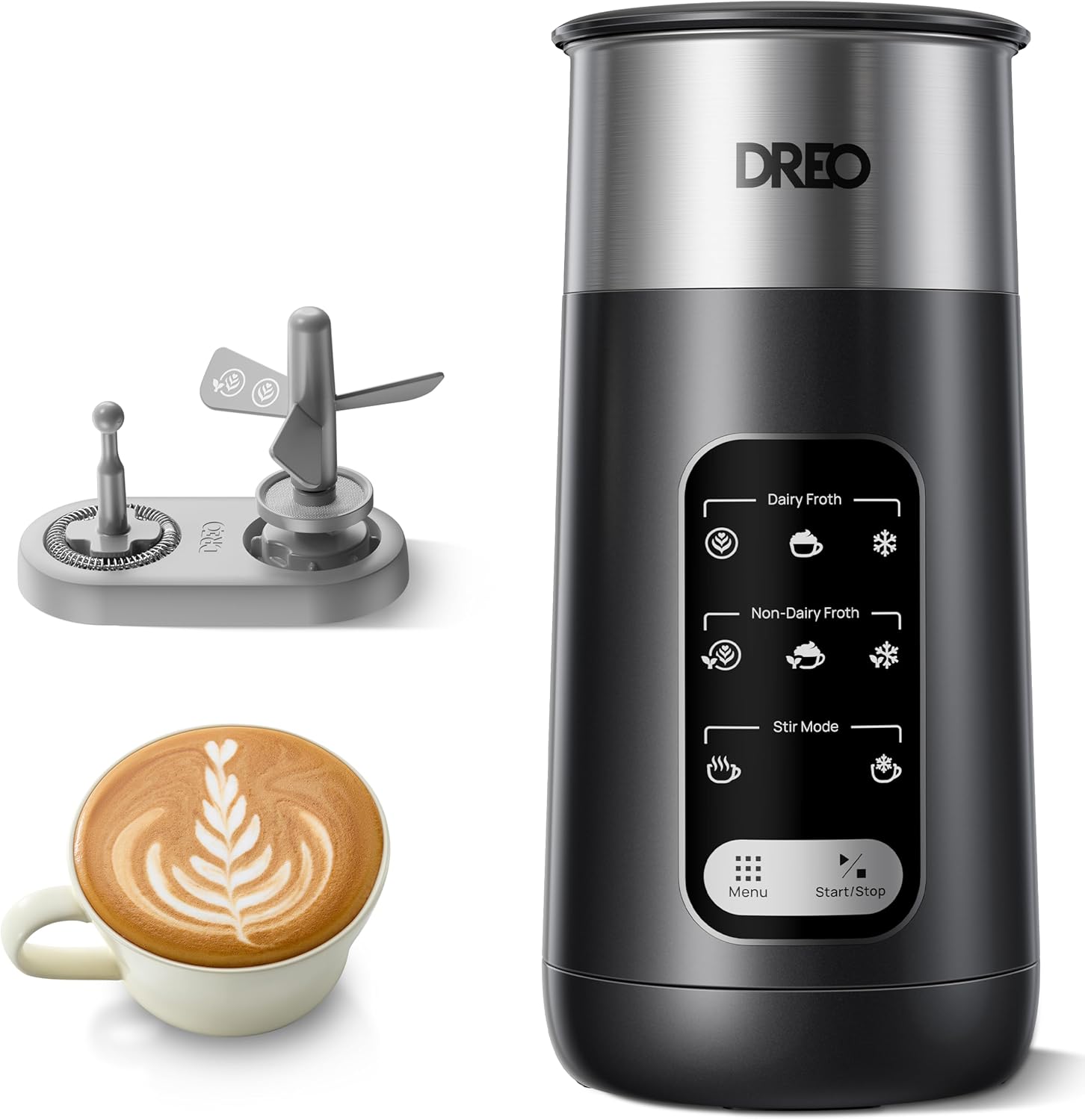 Dreo Milk Frother, 8-in-1 Electric Frother for Latte Art Coffee, 9oz/270ml Warm and Cold Foam Automatic Frothers for Dairy and Non-Dairy Milk, LED, Easy to Clean, BaristaMaker Air